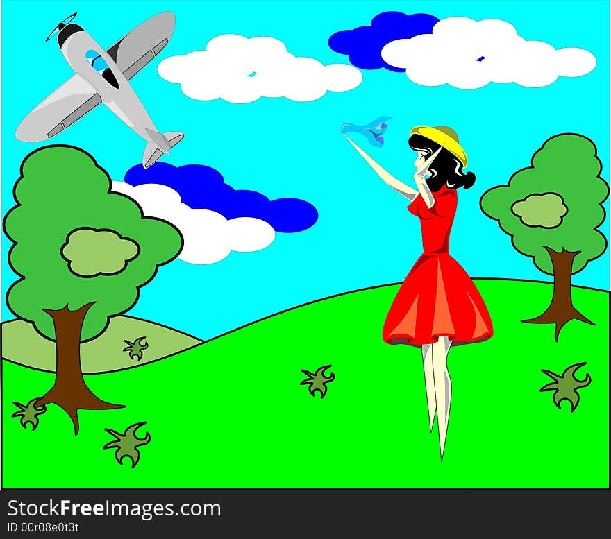 The girl and the plane in clouds