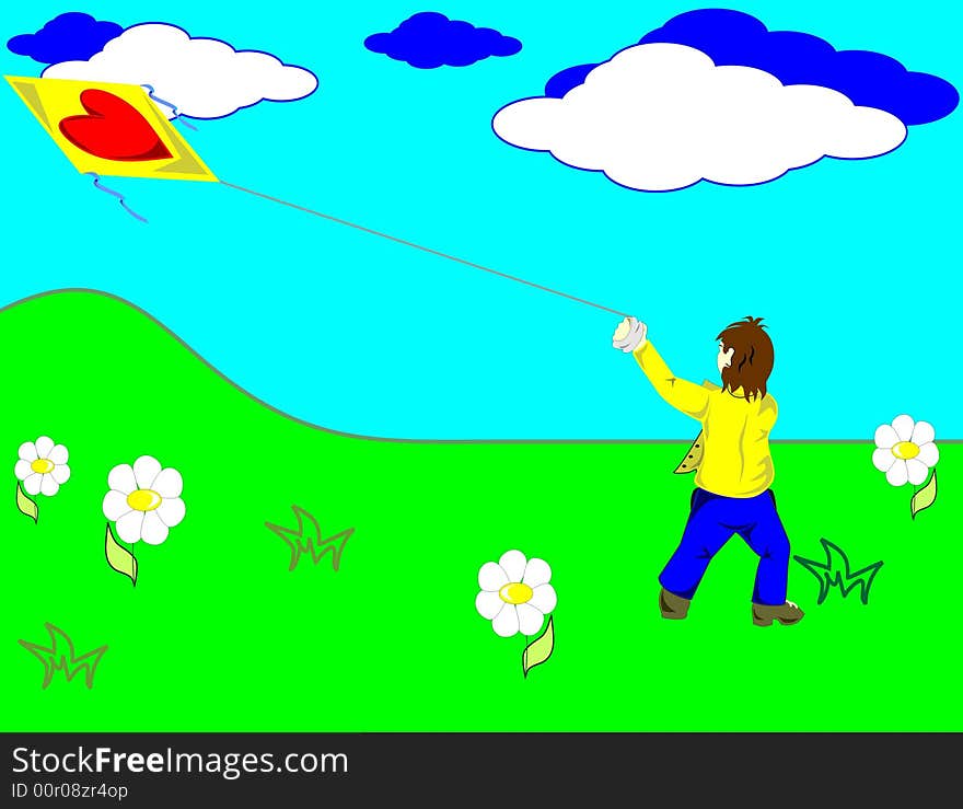 The vector image of the boy and kite in the sky. The vector image of the boy and kite in the sky