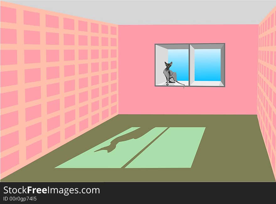 Shadow of a cat in a pink room