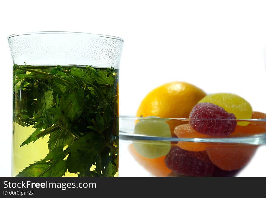 Herbal  mint tea and  fruit candy