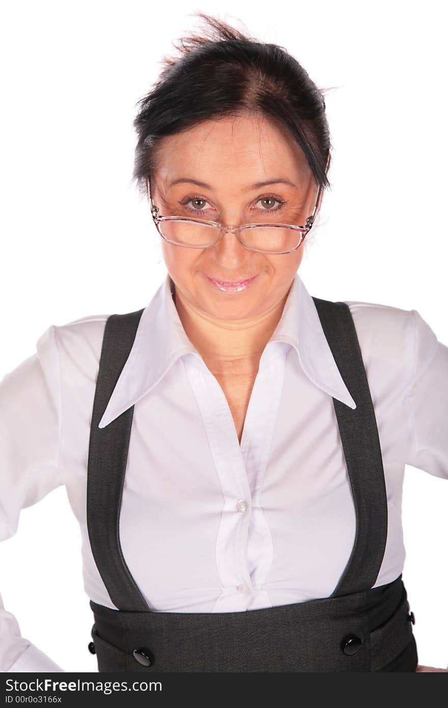 Woman in glasses sly on a white