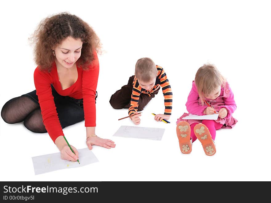 Mother with children drawing on white 2