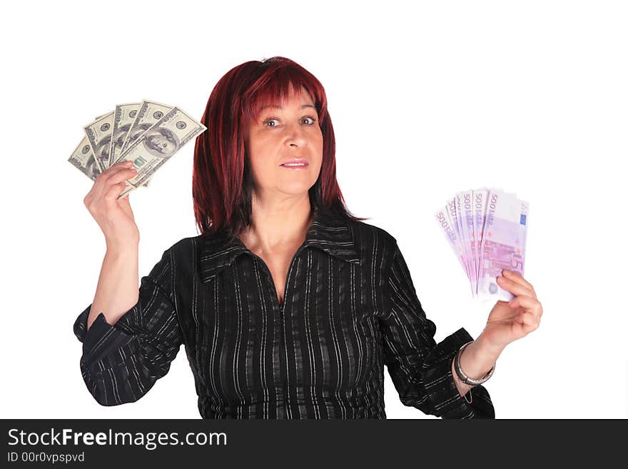 Woman holds dollars and euro on white