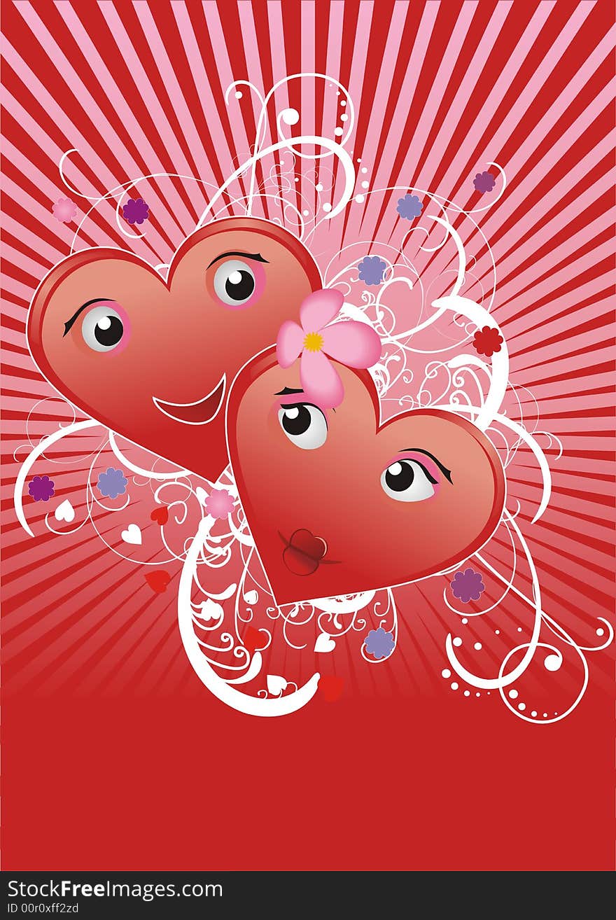 Valentine card with cartoon hearts, flowers and swirls. Valentine card with cartoon hearts, flowers and swirls