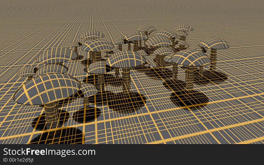 A matalic mushroom cluster on flat surface orange strips. A matalic mushroom cluster on flat surface orange strips