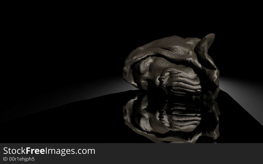 Broken head of statue lying on reflective surface. Broken head of statue lying on reflective surface