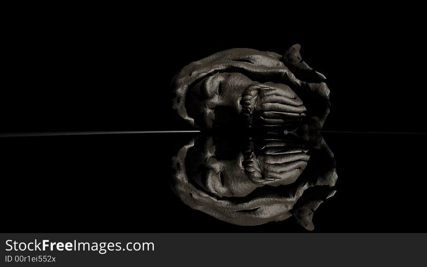 Broken head of statue lying on reflective surface. Broken head of statue lying on reflective surface