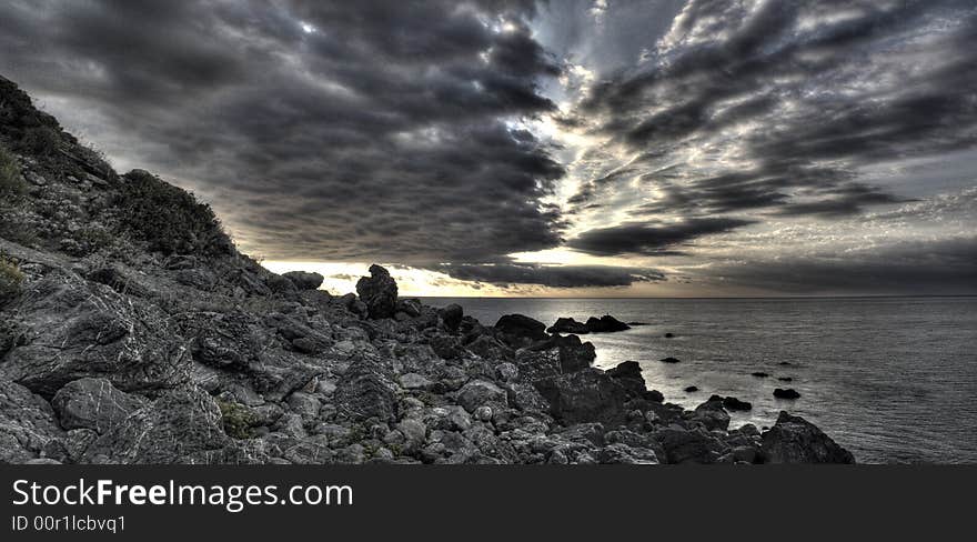 Dawn; rising; Yalta; morning; clouds; the sky; Sun; the sea; a panorama