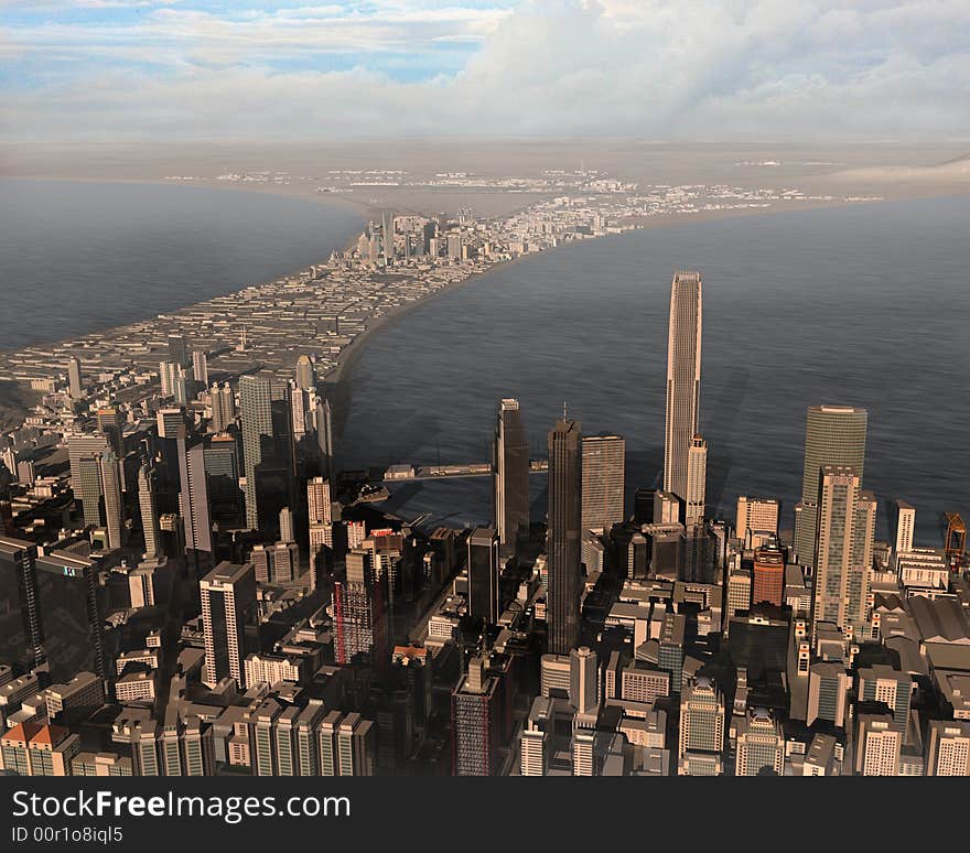 A 3d model of an imaginary city illustration. A 3d model of an imaginary city illustration