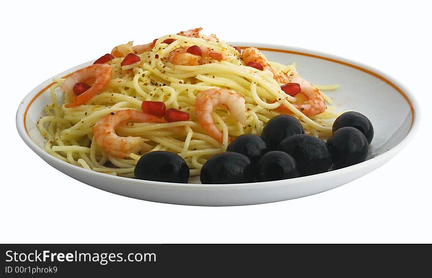 Close-up spaghetti and shrimp and olives isolated