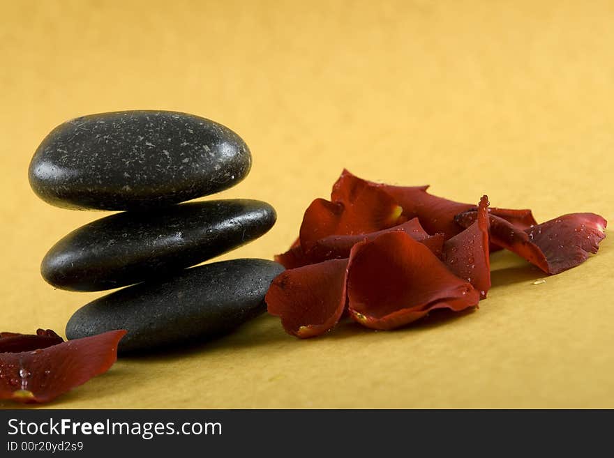 Zen Stones with white towels and fresh rose petals on earth color background