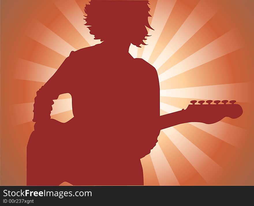 Silhouette of the guitarist on a red background. Silhouette of the guitarist on a red background