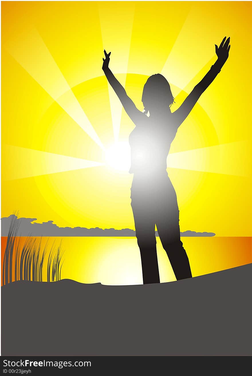 Silhouette of the girl on a background of the sun