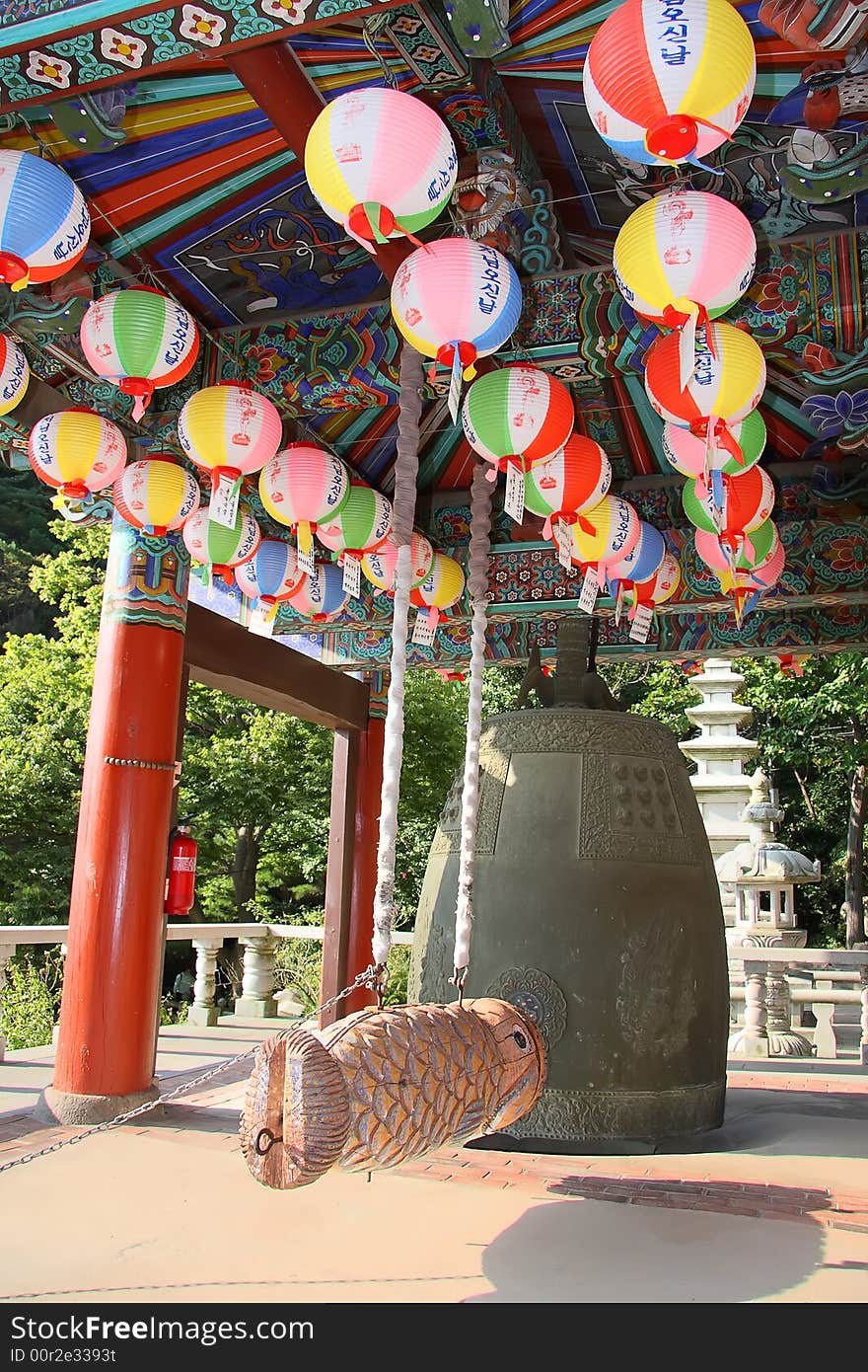 Buddhist bellfry, chinese lantern, wooden fish as a striker. Buddhist bellfry, chinese lantern, wooden fish as a striker