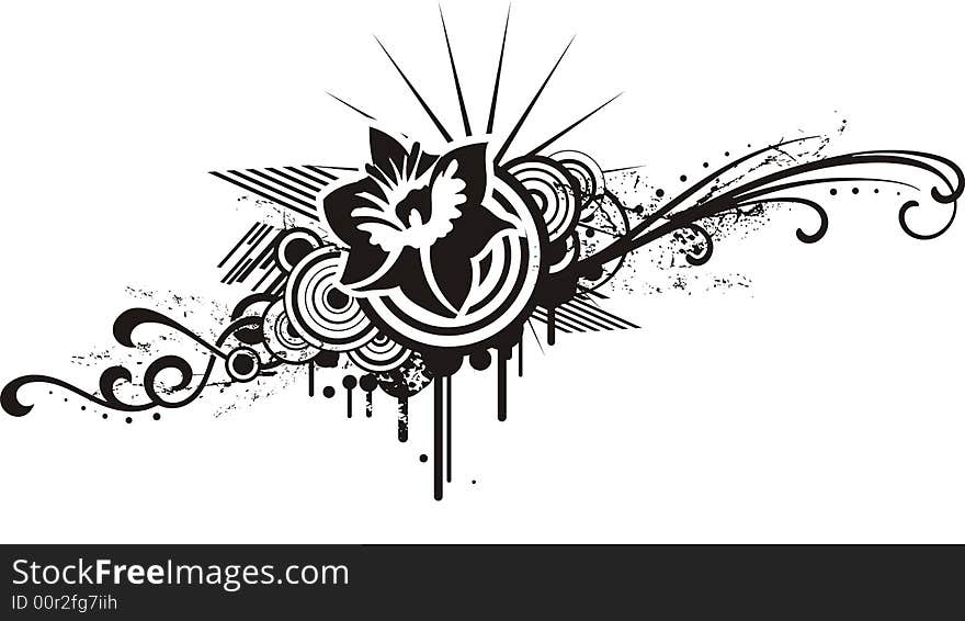 Black and white floral design with grunge details, vector illustration series. Black and white floral design with grunge details, vector illustration series.