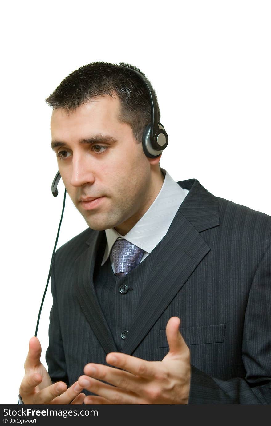 Man having a conversation via headset. Man having a conversation via headset