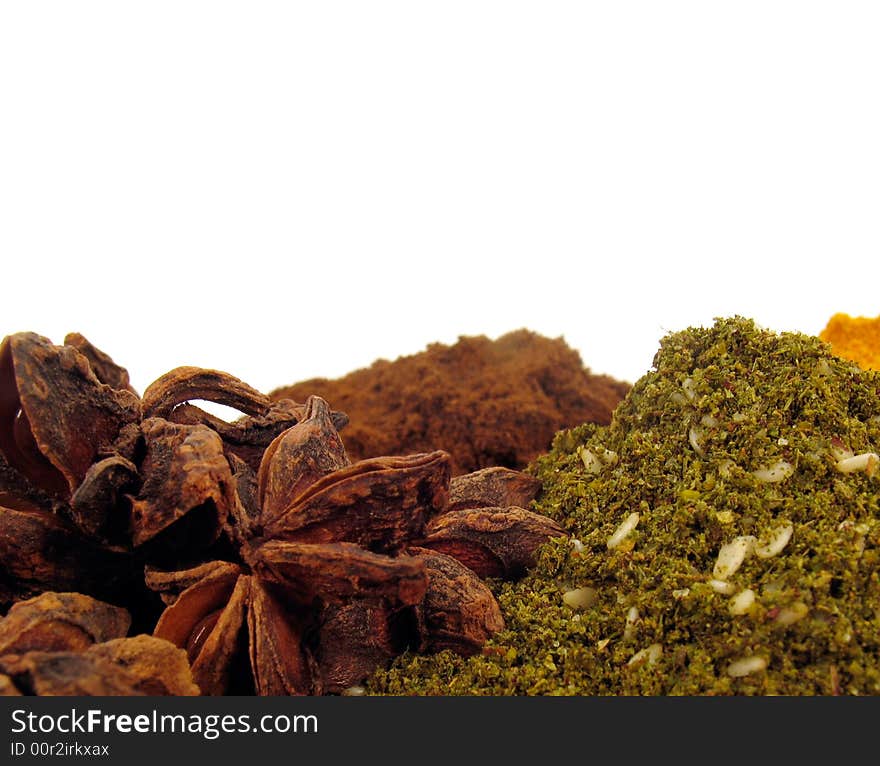 Various spice assortment on white background. Various spice assortment on white background