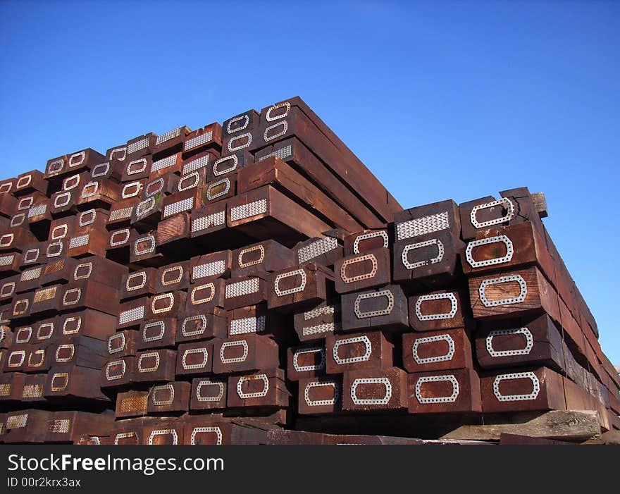 Stacked railway sleepers