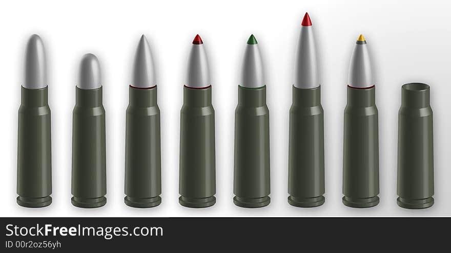 Various types of 7.62x39 soviet assault-rifle cartridges isolated on white, accurate illustration