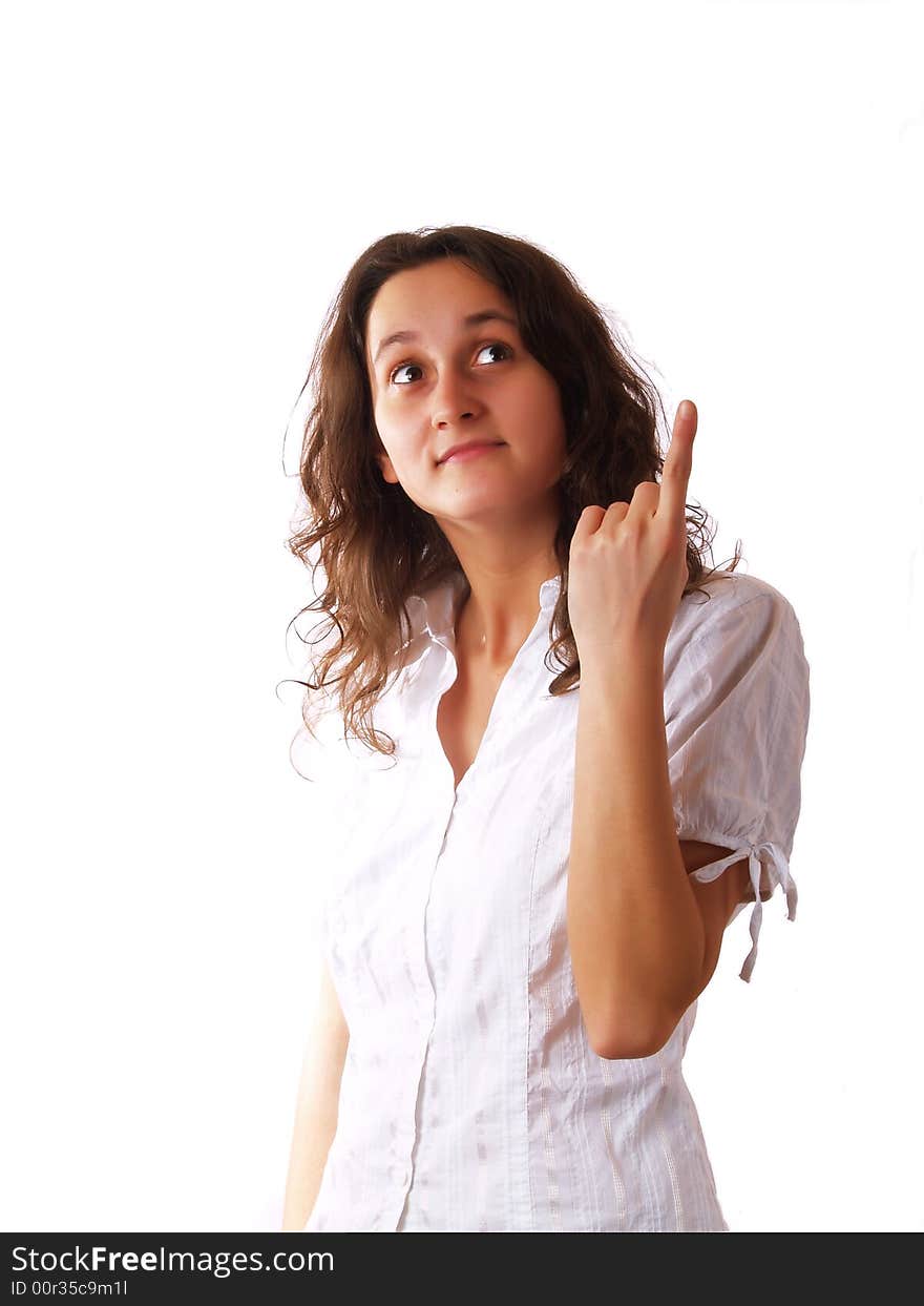 Young woman pointing at something. Young woman pointing at something