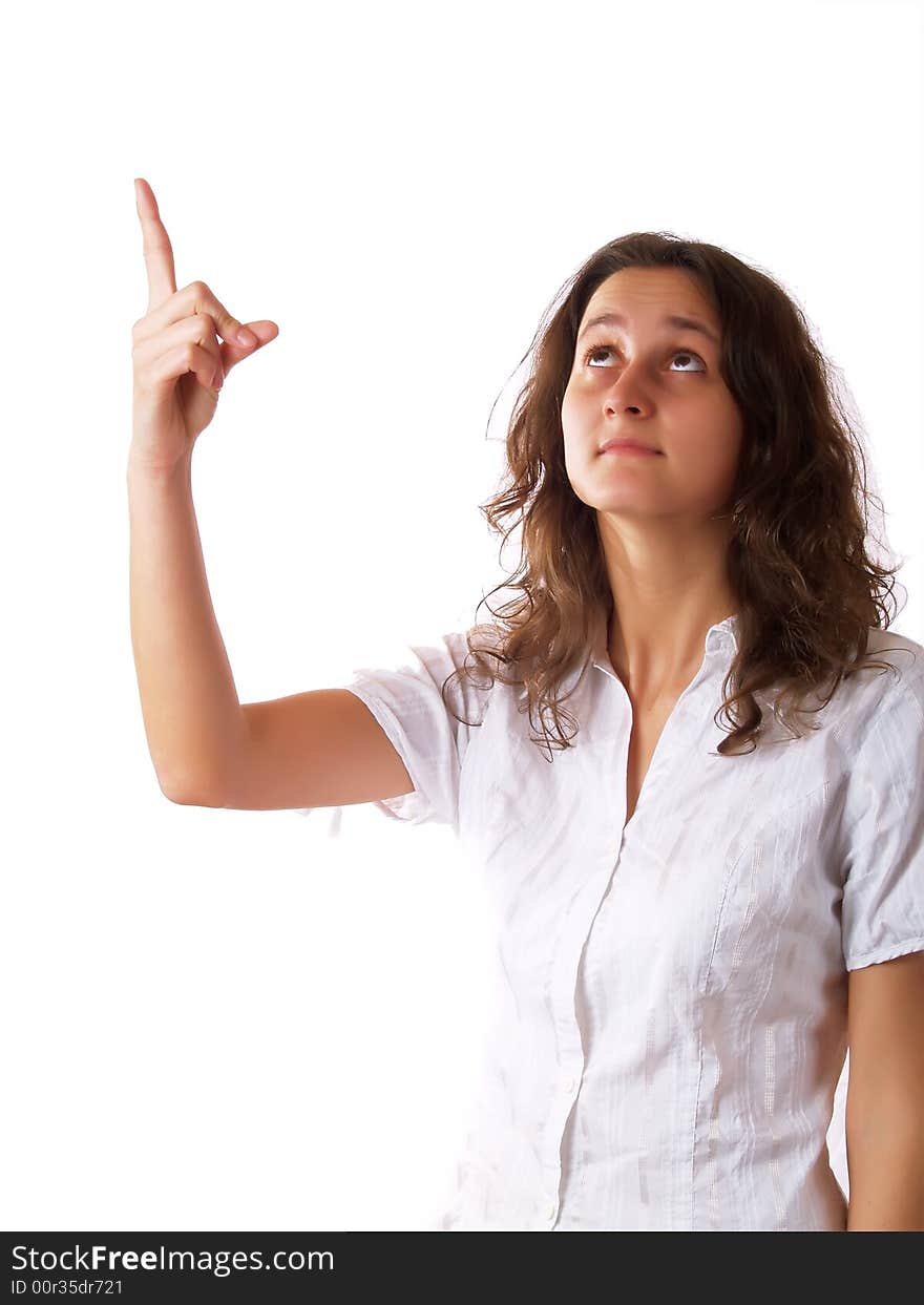 Young woman pointing at something. Young woman pointing at something