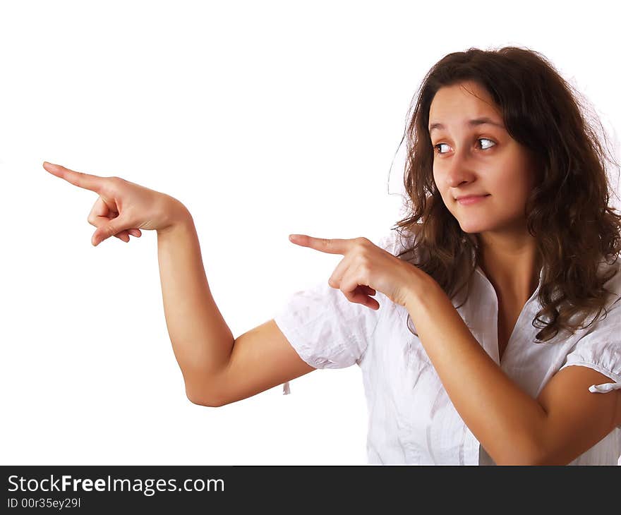 Young woman pointing at something. Young woman pointing at something