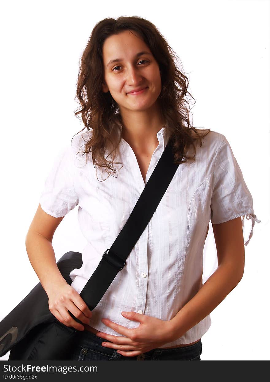 Young woman wearing a laptop bag and smiling. Young woman wearing a laptop bag and smiling