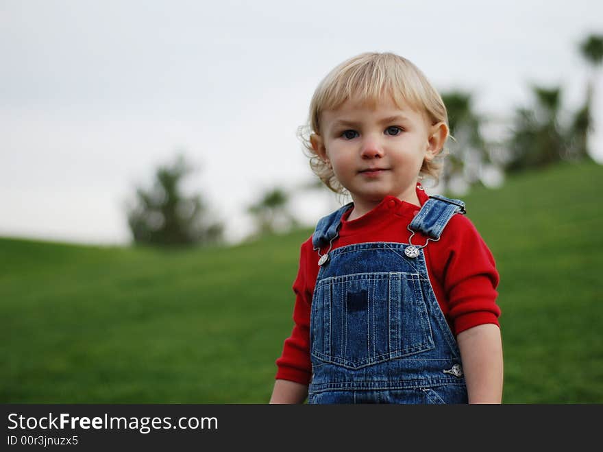 A little kid is enjoying his time in the park. A little kid is enjoying his time in the park