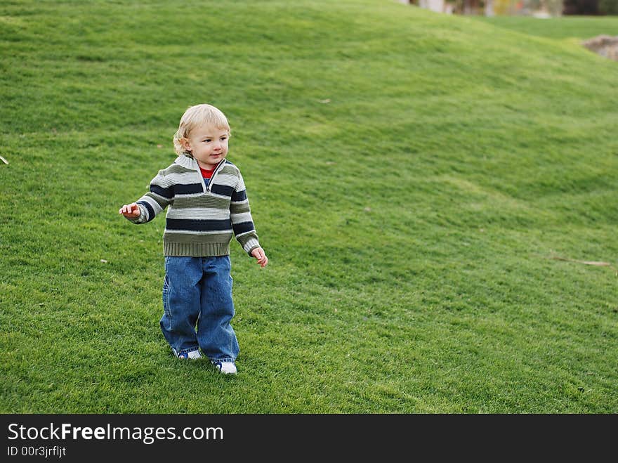 A little kid is enjoying his time in the park. A little kid is enjoying his time in the park