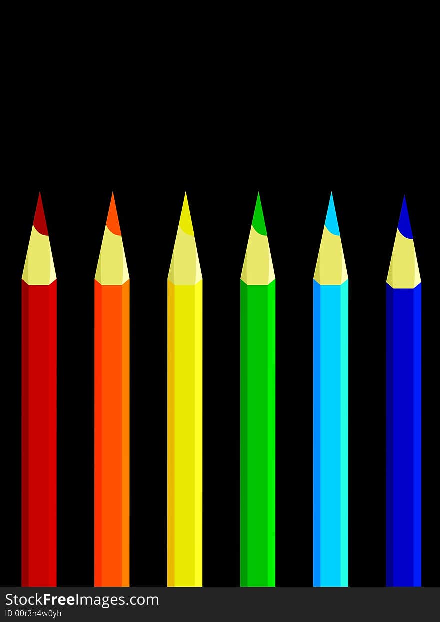 Vector illustration of six colored pencils on a black background