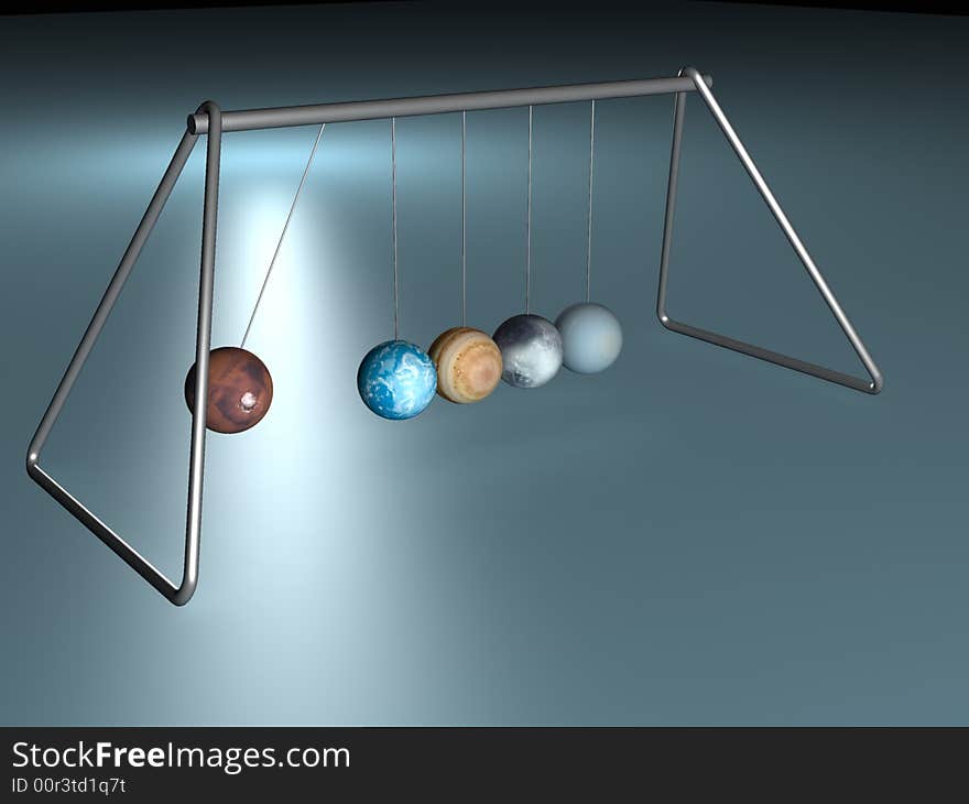 Newton's cradle with five planets. Newton's cradle with five planets