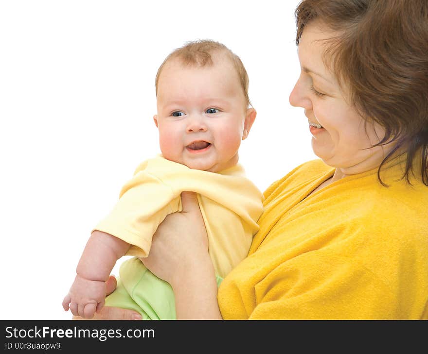 Smiling baby on hands of mother over white