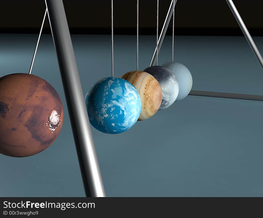 Newton's cradle with five planets. Newton's cradle with five planets