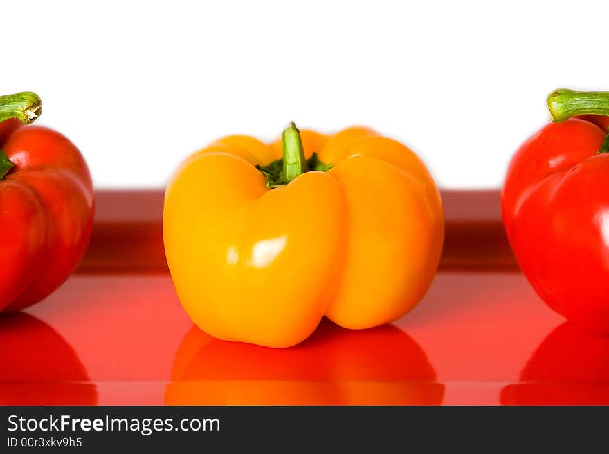 Closeup of Red and Yellow Bellpeppers.