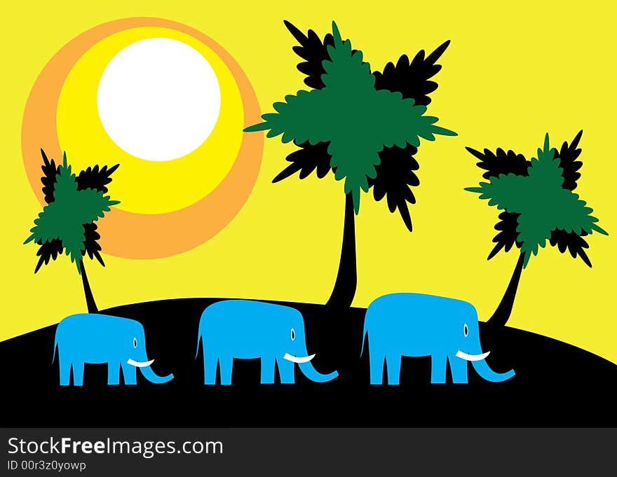 Three blue elephants on a yellow background