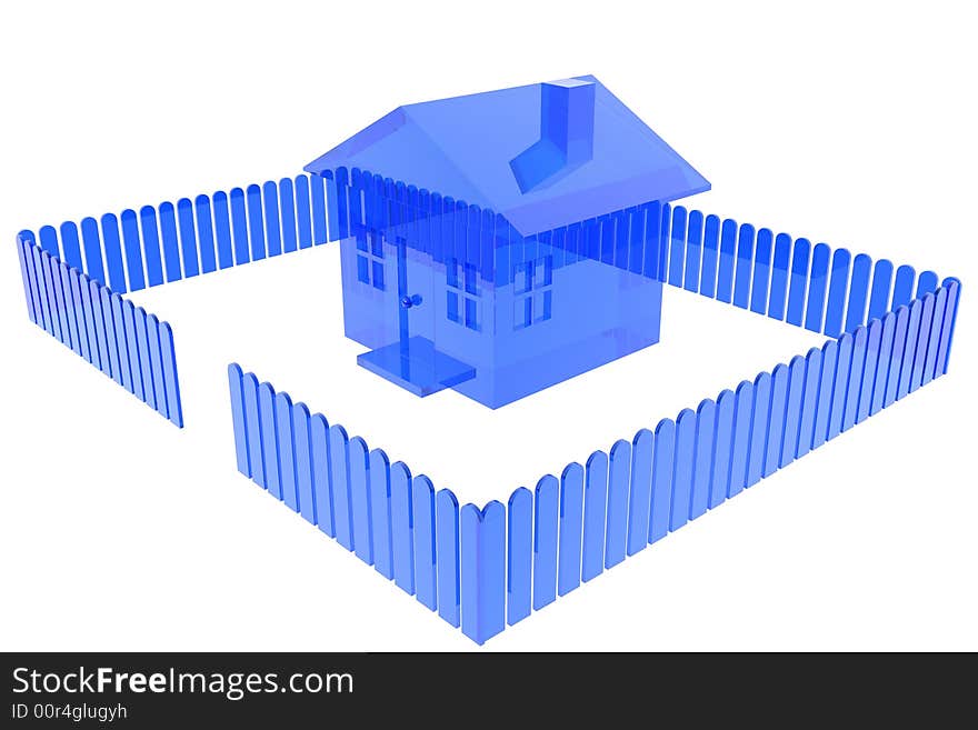 A 3D render of a little glass house with a fence. A 3D render of a little glass house with a fence.