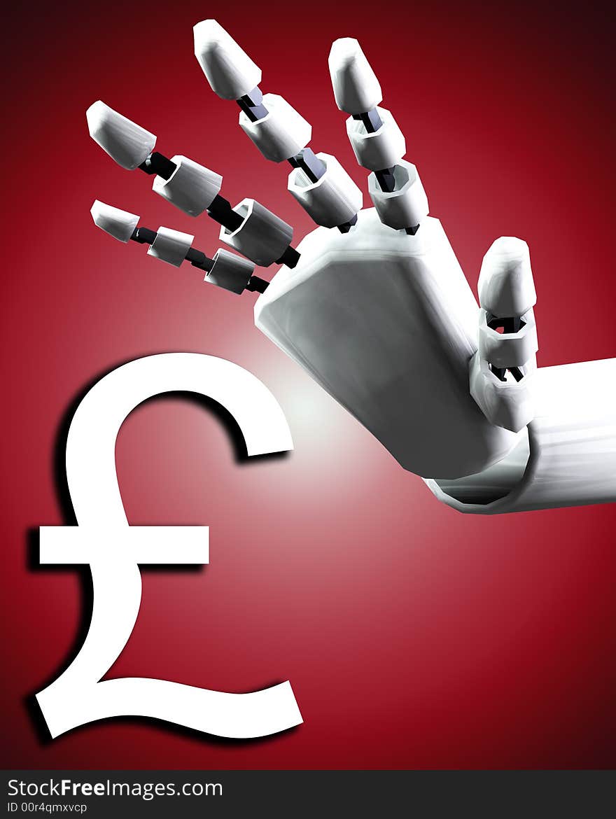 A conceptual image of a robot hand with a pound, it would be a good image for technology and money concepts. A conceptual image of a robot hand with a pound, it would be a good image for technology and money concepts.