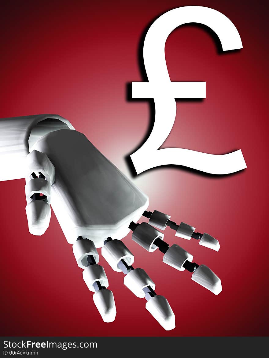 A conceptual image of a robot hand with a pound, it would be a good image for technology and money concepts. A conceptual image of a robot hand with a pound, it would be a good image for technology and money concepts.