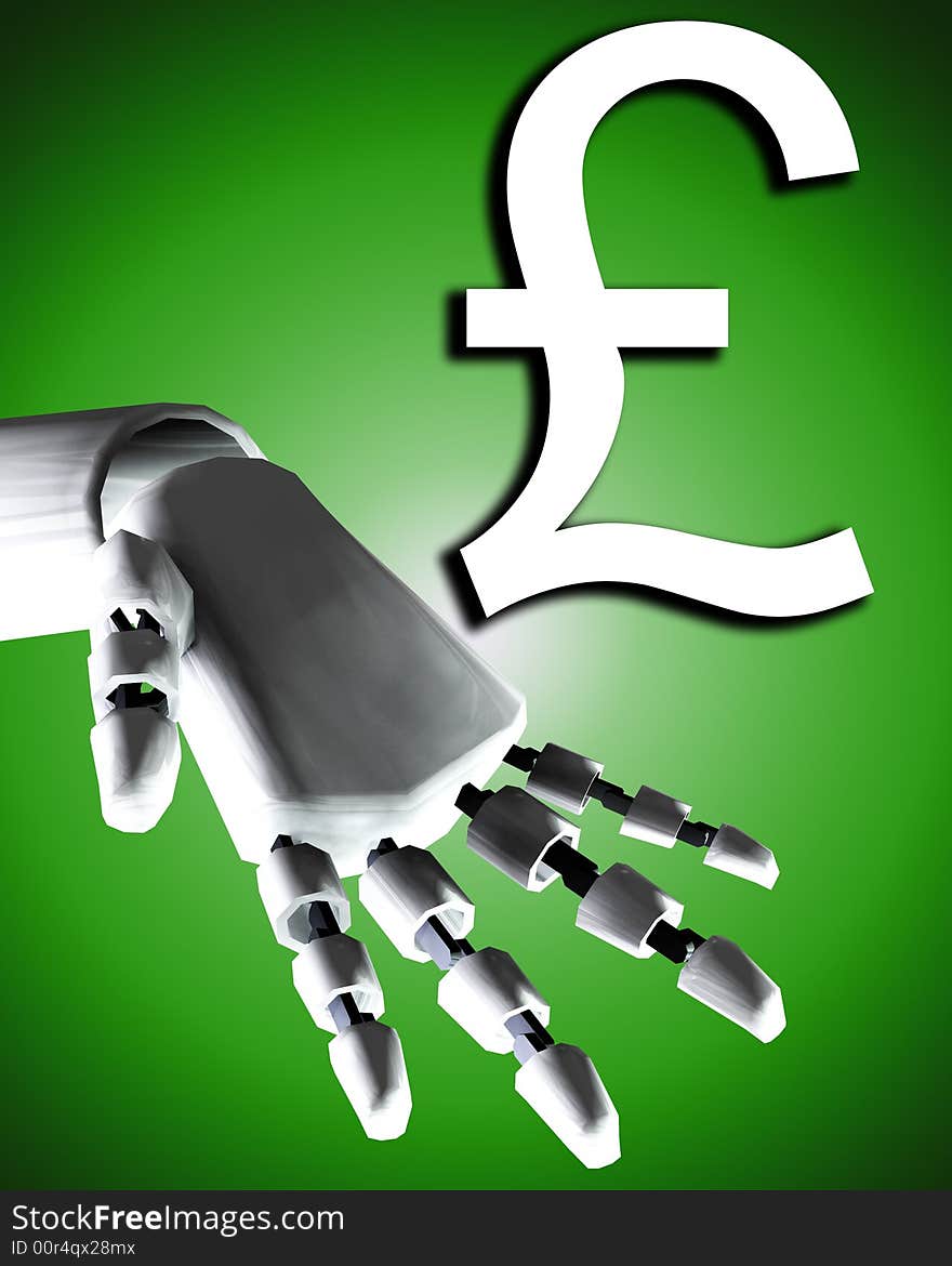 A conceptual image of a robot hand with a pound, it would be a good image for technology and money concepts. A conceptual image of a robot hand with a pound, it would be a good image for technology and money concepts.