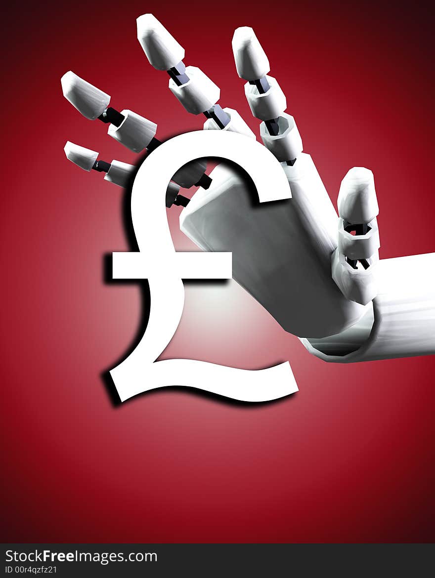 A conceptual image of a robot hand with a pound, it would be a good image for technology and money concepts. A conceptual image of a robot hand with a pound, it would be a good image for technology and money concepts.