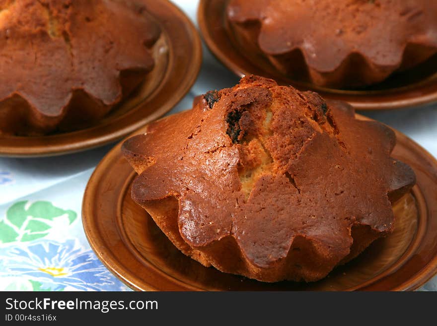 Appetizing fruitcake with raisin on ceramic plate