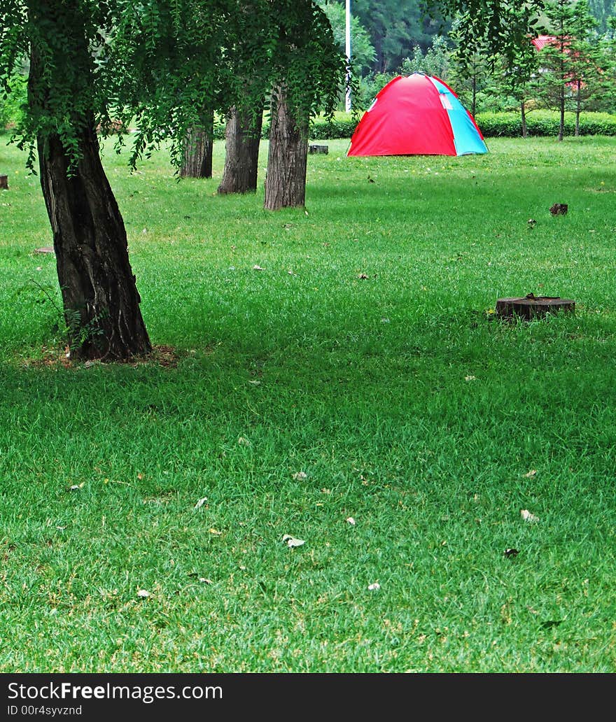 Tent, trees and meadow in a park, Shengyang city, China. Tent, trees and meadow in a park, Shengyang city, China