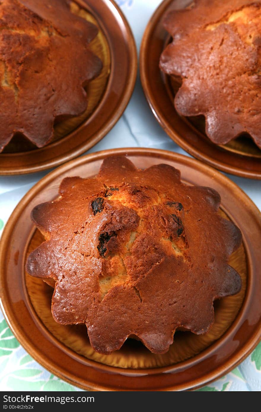 Appetizing fruitcakes with raisin on ceramic plate