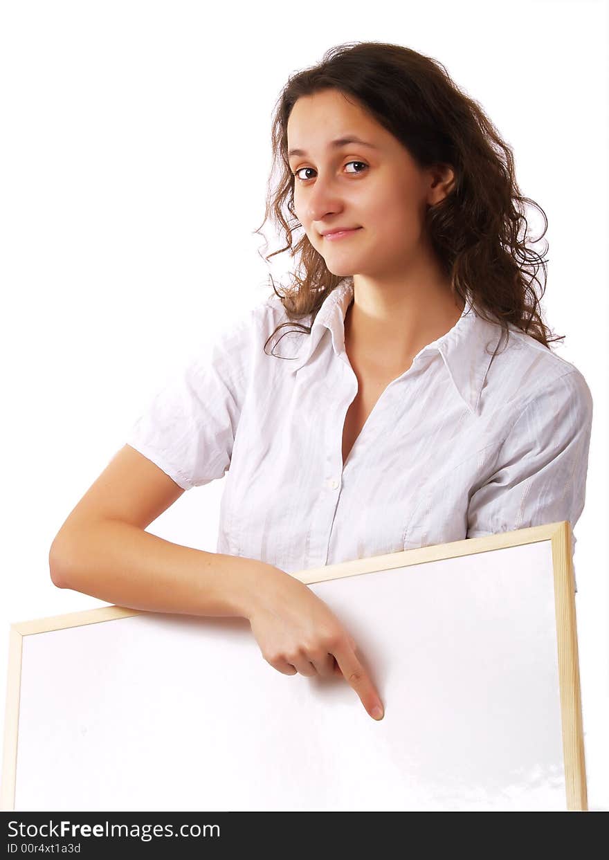 Young woman holding a white board