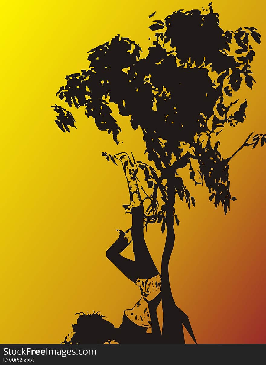 Girl and tree on orange yellow background  illustration