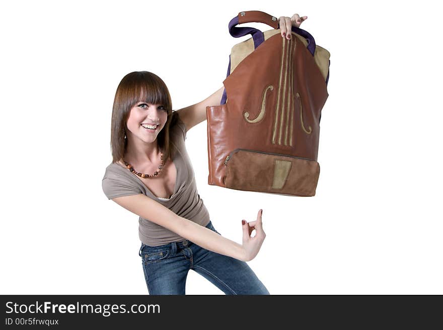 Funny young smiling woman pointed to bag. Funny young smiling woman pointed to bag.