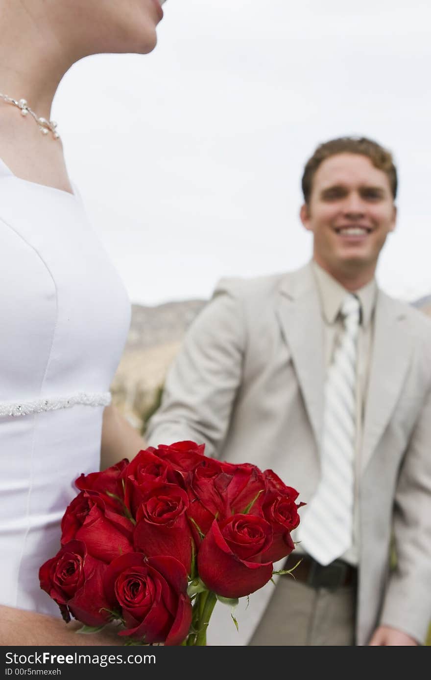 Groom and bride holding hands smiling