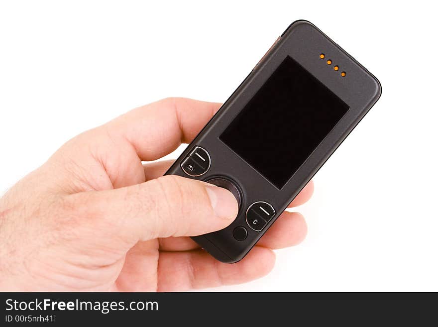 Hand holding mobile phone isolated on a white background