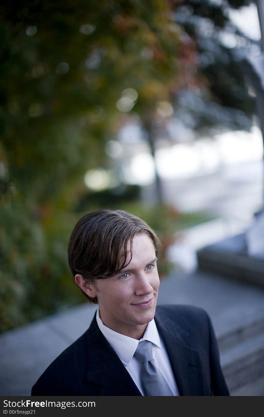 Head and shoulders view of single businessman with brown hair and blue eyes in full suit