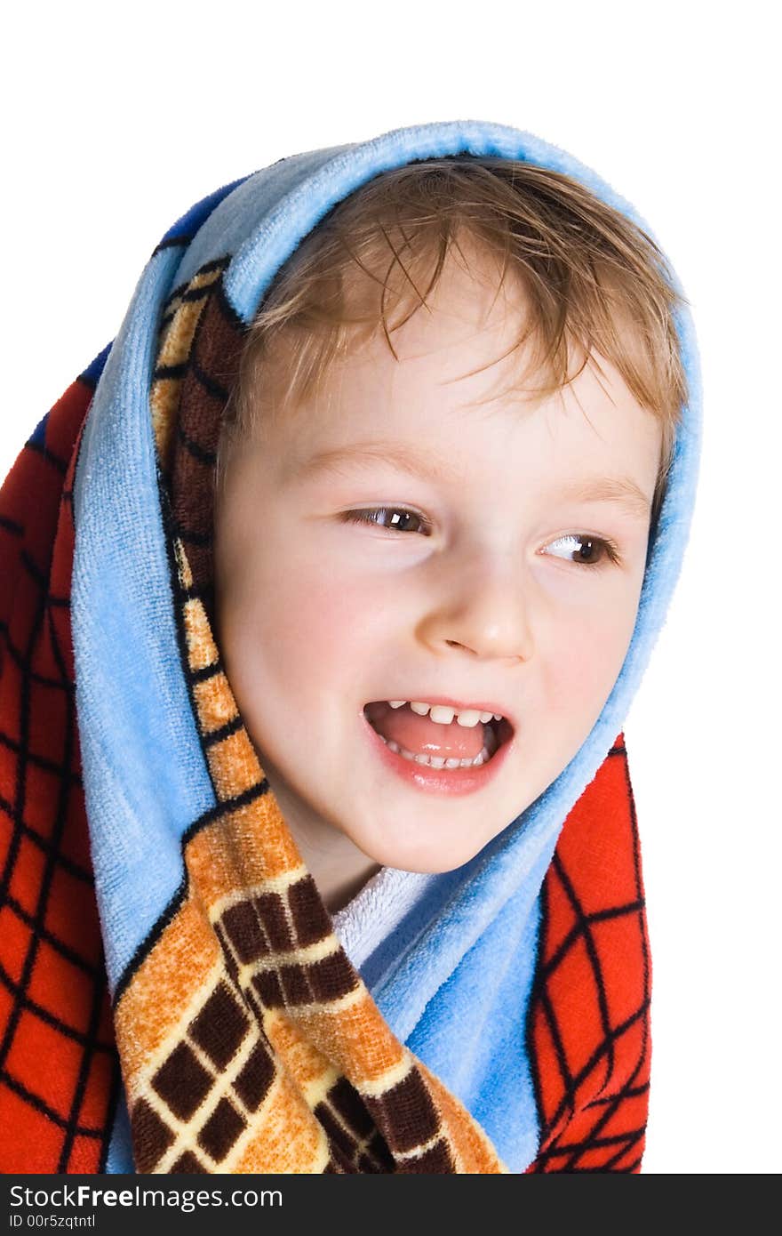 Cheerful kid in bath towel